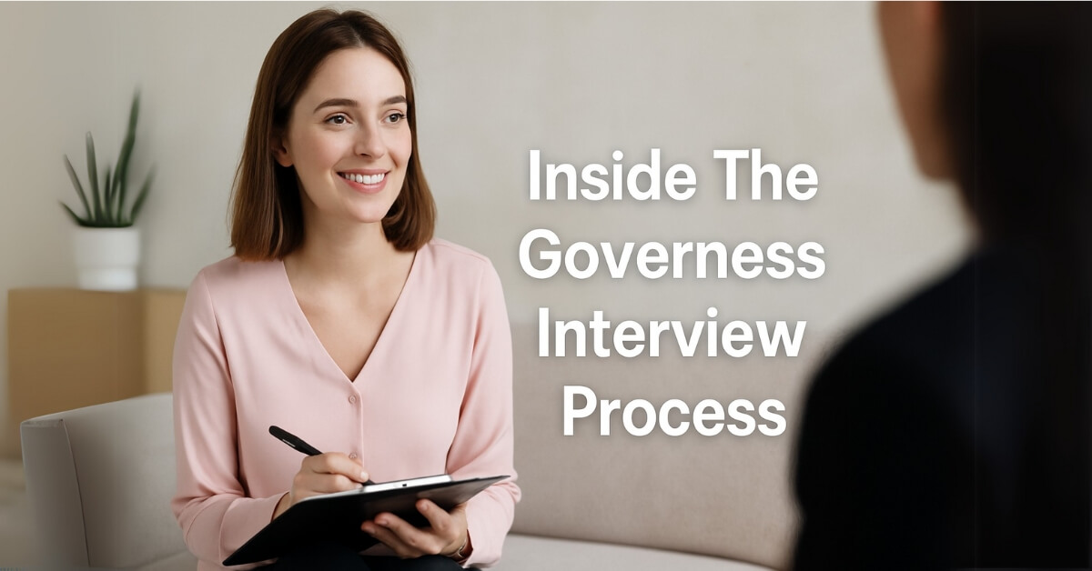 Young woman in a soft pink blouse taking notes during a governess interview in a private home, used as a featured image for a blog post about the governess interview process.