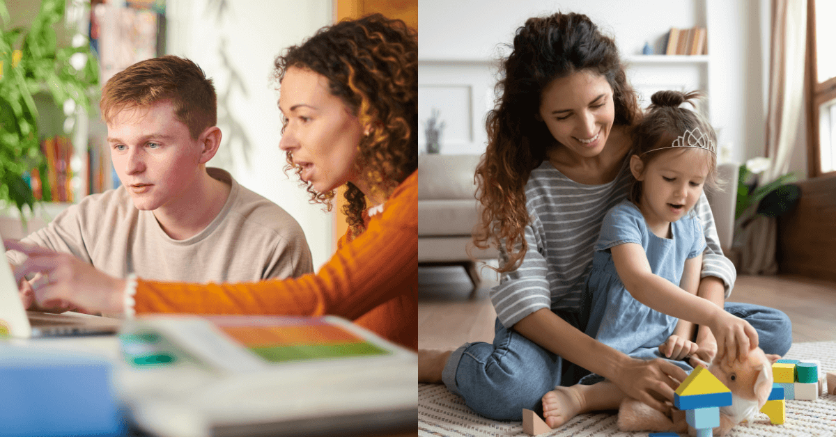 Side-by-side comparison of a governess supporting a teenage student with schoolwork and a nanny playing on the floor with a young child, illustrating the differences in childcare roles.