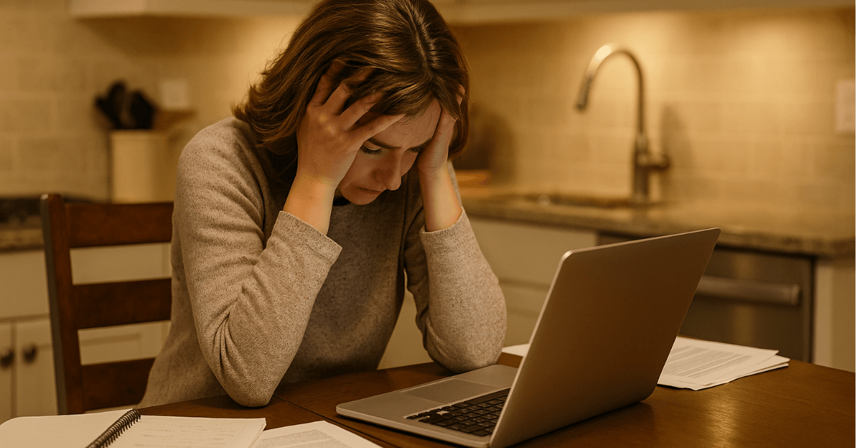 A tired female teacher sits at a kitchen table with her head in her hands, surrounded by a laptop, paperwork, and notebooks — reflecting teacher burnout and the emotional toll of the profession
