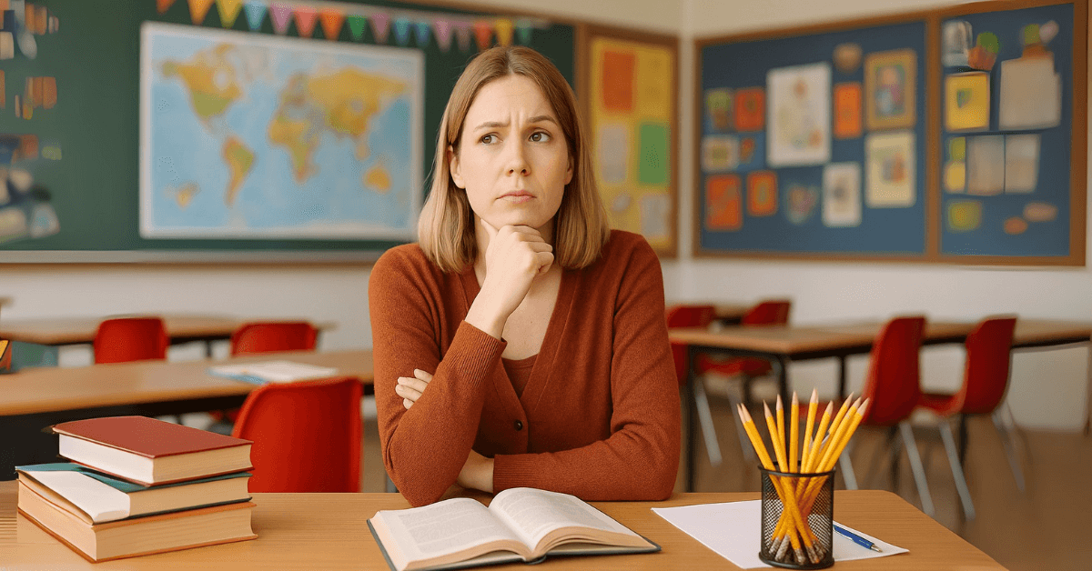 Female teacher in classroom looking thoughtful and uncertain, representing a teacher thinking of leaving teaching for a new career path.