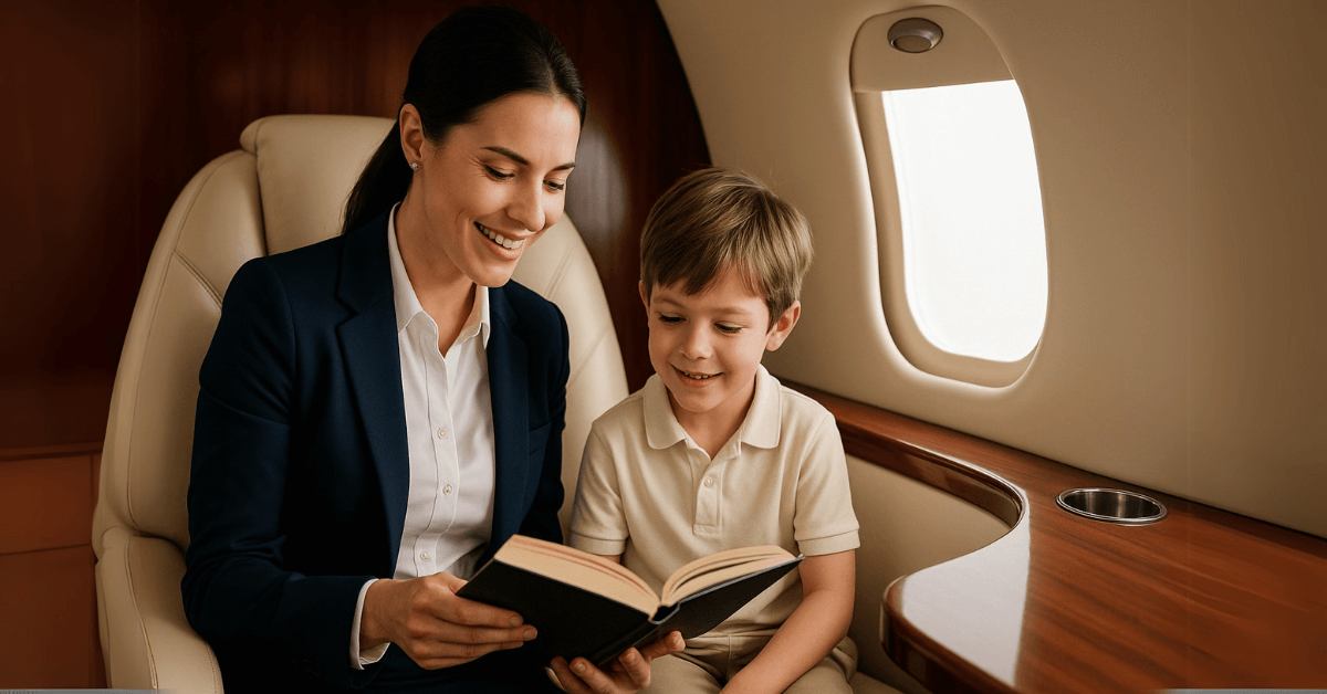 A rota governess reads a book with a young boy inside a private jet, illustrating luxury travel and personalised childcare