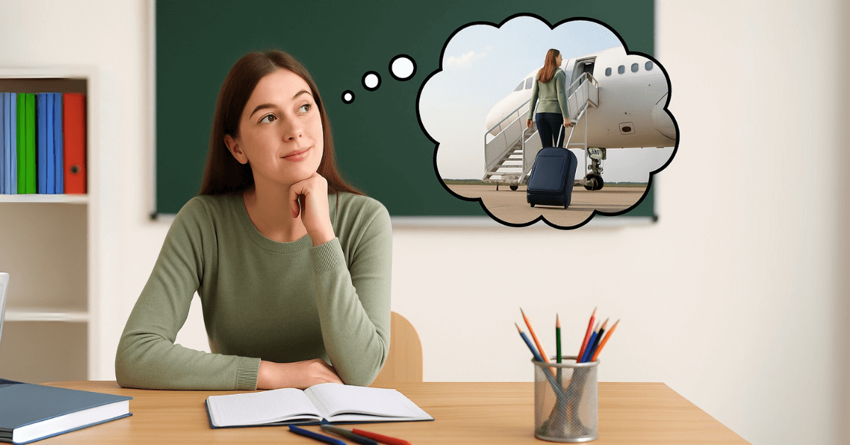 Teacher sitting at her classroom desk, dreaming about leaving teaching to become a governess, with a thought bubble showing her boarding a plane with a suitcase.